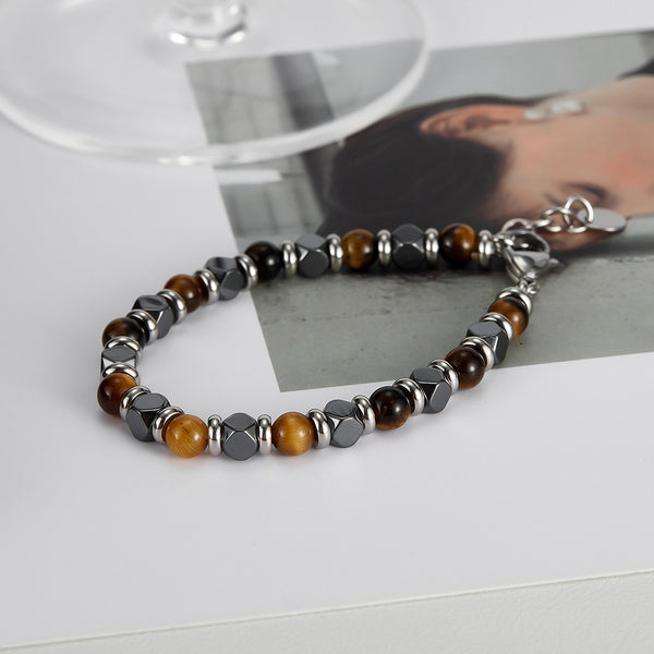 Men’s Tiger Eye Bead Bracelet – Stainless Steel & Hematite Beads, Adjustable Clasp, Durable Fashion Jewelry for Men-Men's Bracelet-SunnyHouse Jewelry