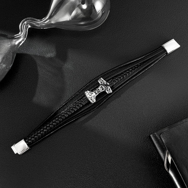 Men’s Viking Thor's Hammer Bracelet – Titanium Stainless Steel & Black Leather Braided Wrap Bracelet – Norse Mythology Jewelry for Men-Men's Bracelet-SunnyHouse Jewelry