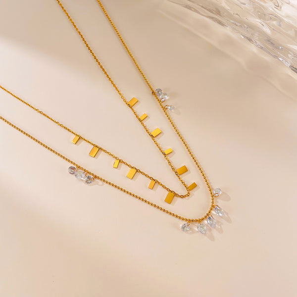 Women’s Layered Pendant Necklace – Gold Plated Titanium Stainless Steel with Crystal Charms and Bar Accents – Dainty Hypoallergenic Double Chain Jewelry-Women's Necklace-SunnyHouse Jewelry