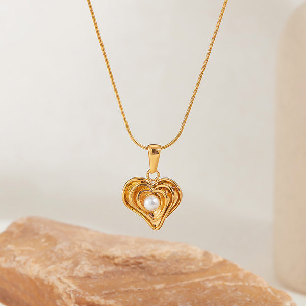 Women’s Titanium Stainless Steel Heart Pendant Necklace with Pearl Accent, Gold-Plated Adjustable Chain, Hypoallergenic Elegant Jewelry for Women and Girls-Women's Necklace-SunnyHouse Jewelry
