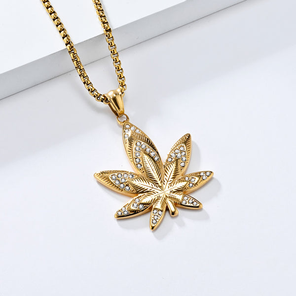 Men's Gold Marijuana Leaf Pendant Necklace - Iced Out Design, Durable, Hypoallergenic, Stylish Hip-Hop Jewelry-Men's Pendant Necklace-SunnyHouse Jewelry
