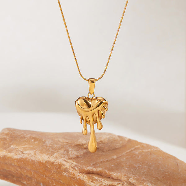 Women’s Titanium Stainless Steel Dripping Heart Pendant Necklace, Gold-Plated Hypoallergenic Adjustable Chain, Trendy Statement Jewelry for Women and Girls-Women's Necklace-SunnyHouse Jewelry