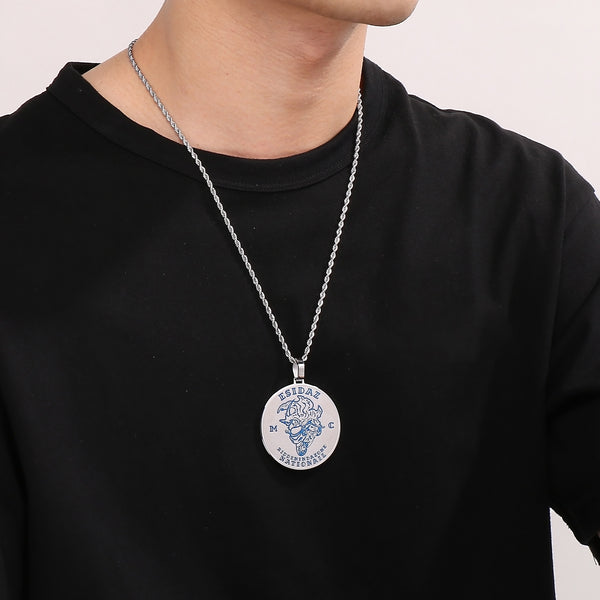 Men’s Titanium Stainless Steel Pendant Necklace – Circular Medallion Design with Engraved Blue Pattern – Durable Fashion Necklace for Men-Men's Pendant Necklace-SunnyHouse Jewelry