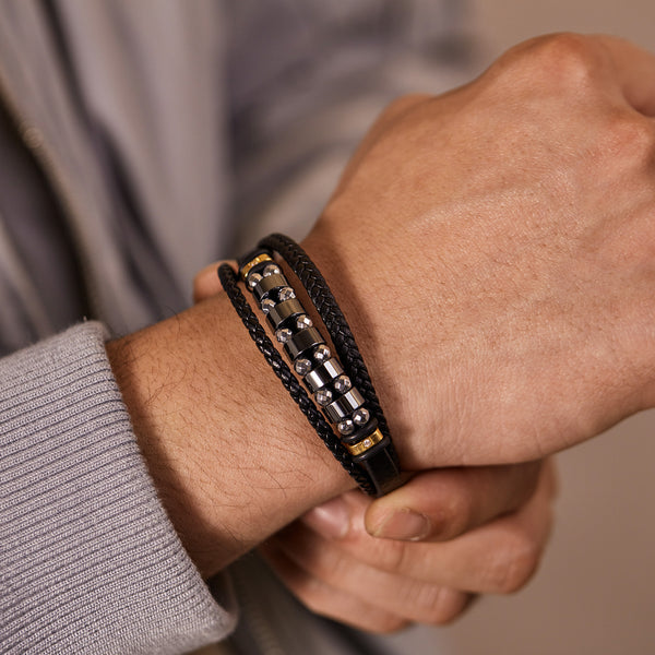 Men's Stylish Leather and Stainless Steel Beaded Bracelet – Secure Magnetic Clasp, Ideal for Daily Wear-Men's Bracelet-SunnyHouse Jewelry