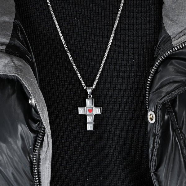 Men's Titanium Stainless Steel Cross Pendant Necklace with Love Design - Perfect Gift for Special Occasions-Men's Pendant Necklace-SunnyHouse Jewelry