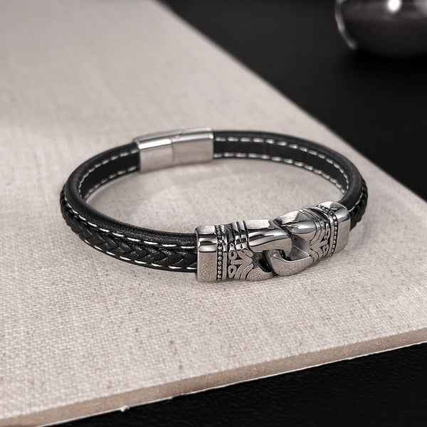 Men’s Leather Bracelet with Titanium Stainless Steel Link Accent – Braided Black Leather with Engraved Centerpiece & Magnetic Clasp – Stylish Viking-Inspired Jewelry for Men-Men's Bracelet-SunnyHouse Jewelry
