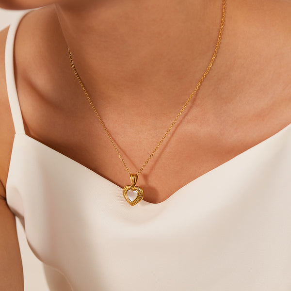 Romantic Women's Gold Heart Pendant Necklace with Mother of Pearl Inlay – Timeless Elegance, Perfect Gift-Women's Necklace-SunnyHouse Jewelry