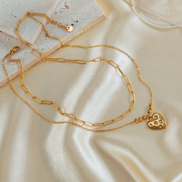 Women’s Lucky Heart Pendant Necklace – Gold-Tone Layered Chain with Cubic Zirconia, Fashion Jewelry for Everyday Wear-Women's Necklace-SunnyHouse Jewelry