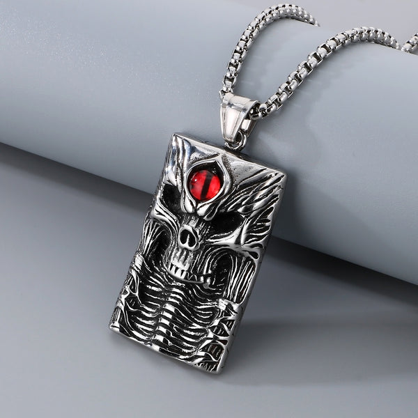 Men’s Titanium Stainless Steel Skull Pendant Necklace – Gothic Style with Red Stone Accent – Durable Fashion Necklace for Men-Men's Pendant Necklace-SunnyHouse Jewelry