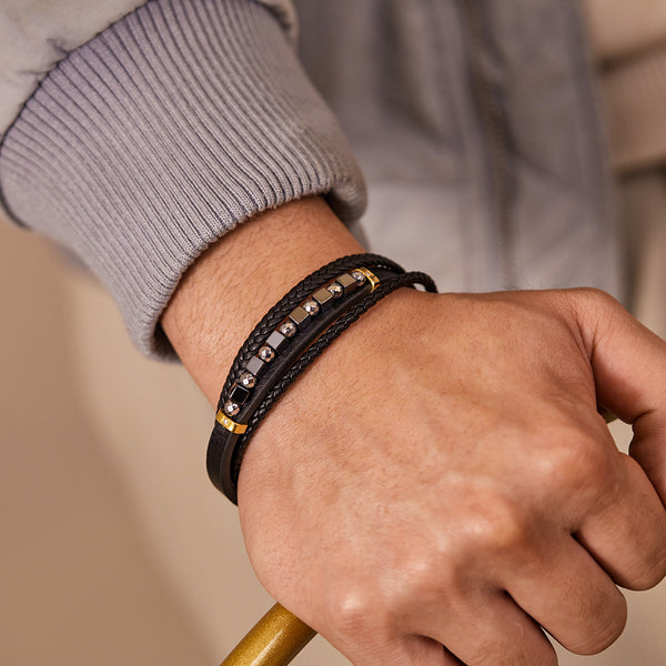 Sophisticated Men's Black Leather and Stainless Steel Beaded Bracelet – Elegant Design with Magnetic Clasp-Men's Earrings-SunnyHouse Jewelry