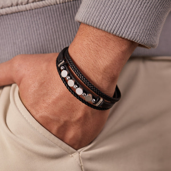 Men's Multi-Strand Leather Bracelet with Stainless Steel Discs – Modern Design, Magnetic Clasp-Men's Bracelet-SunnyHouse Jewelry