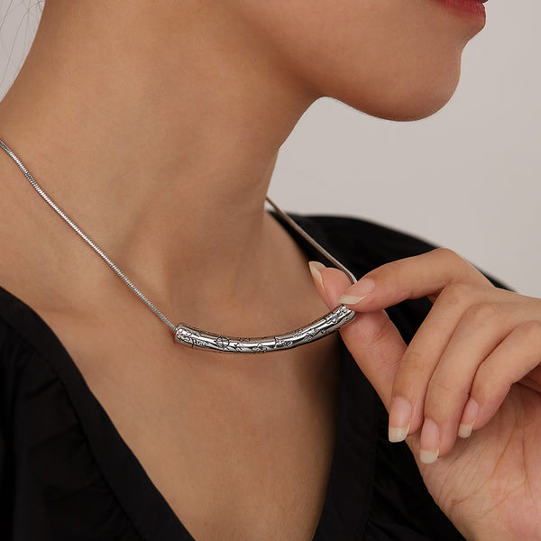 Women’s Lucky Bar Pendant Necklace – Silver Engraved Floral Design, Minimalist Fashion Jewelry for Women, Durable Everyday Necklace-Women's Necklace-SunnyHouse Jewelry