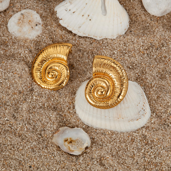 Women’s Gold Seashell Spiral Stud Earrings – Ocean-Inspired Statement Earrings, Nautical Jewelry for Women and Girls-Women's Earrings-SunnyHouse Jewelry