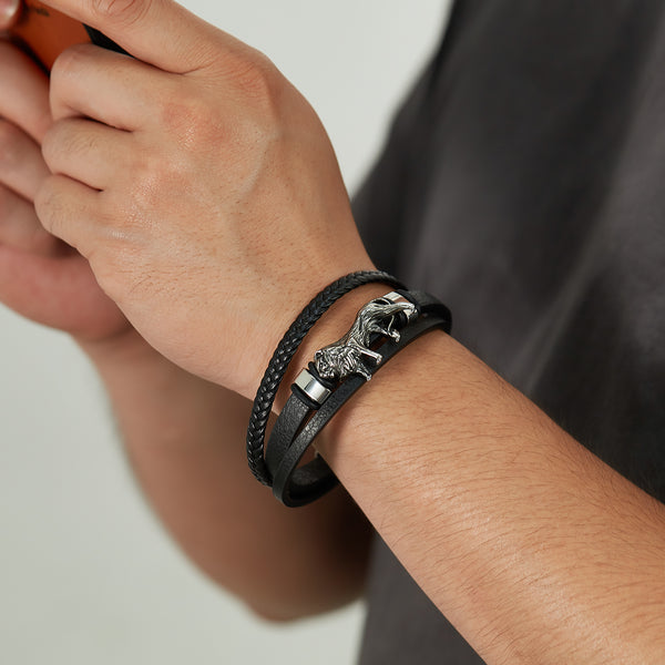 Bold Men's Leather and Stainless Steel Lion Head Bracelet - Stylish and Masculine Accessory-Men's Bracelet-SunnyHouse Jewelry