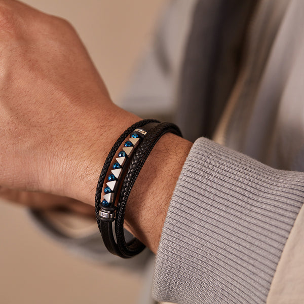 Men's Leather Bracelet with Blue Crystal Accents – Elegant Multi-Strand Design, Secure Magnetic Clasp-Men's Bracelet-SunnyHouse Jewelry
