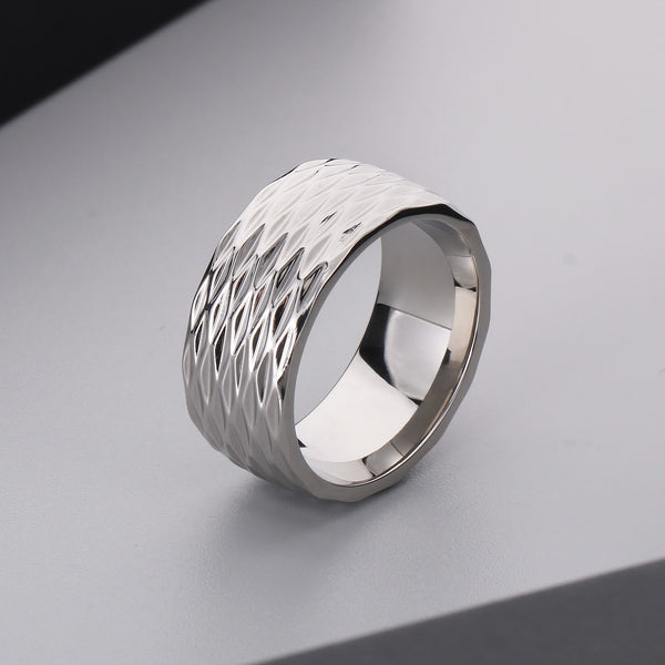 Men's Titanium Stainless Steel Ring – Wide Gold-Plated Band with Textured Diamond Pattern – Durable Fashion Ring for Men-Men's Ring-SunnyHouse Jewelry