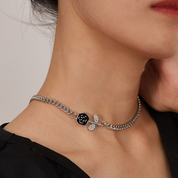 Women’s Lucky Rose Pendant Necklace – Silver Chain with Black Rose and Crystal Leaves, Elegant Durable Fashion Jewelry for Women-Women's Necklace-SunnyHouse Jewelry