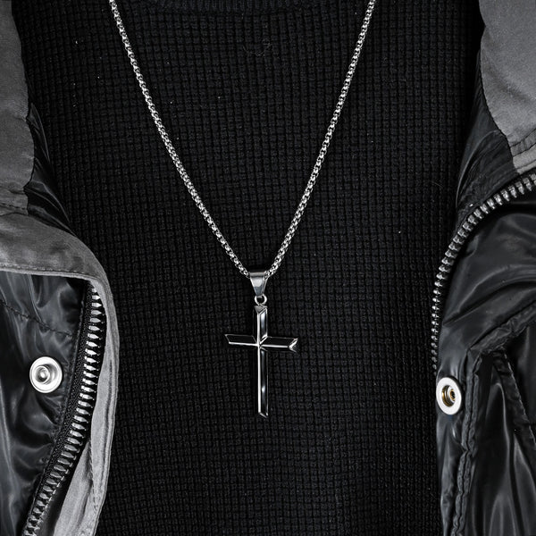 Men's Titanium Stainless Steel Cross Pendant Necklace with Black Inlay - Elegant and Bold Accessory-Men's Pendant Necklace-SunnyHouse Jewelry