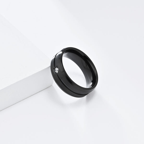 Men's Black Ring with Crystal Accent - Elegant Polished Band for Special Occasions-Men's Ring-SunnyHouse Jewelry