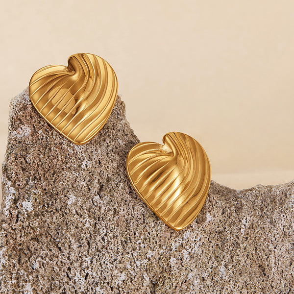 Women's Sculpted Gold Heart Earrings - Elegant Swirl Design Studs for Everyday Glamour-Women's Earrings-SunnyHouse Jewelry