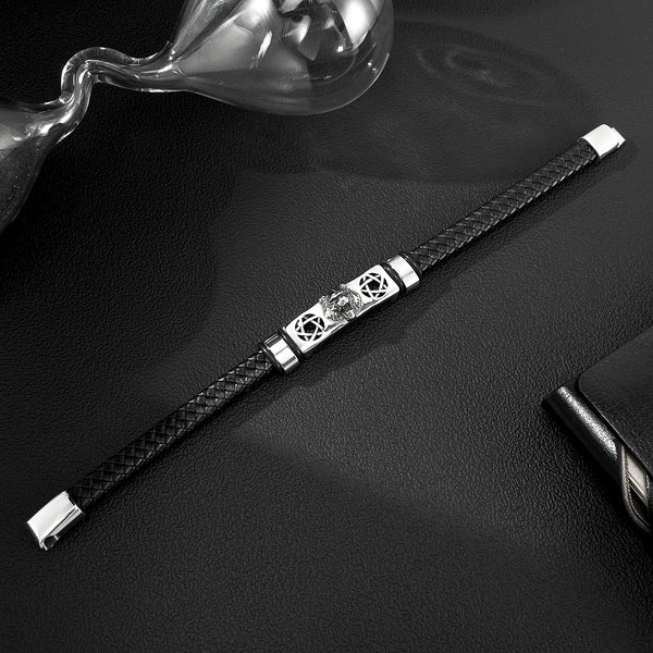Men’s Lion Head Bracelet – Titanium Stainless Steel & Black Braided Leather Bracelet – Bold Viking-Inspired Jewelry for Men-Men's Bracelet-SunnyHouse Jewelry