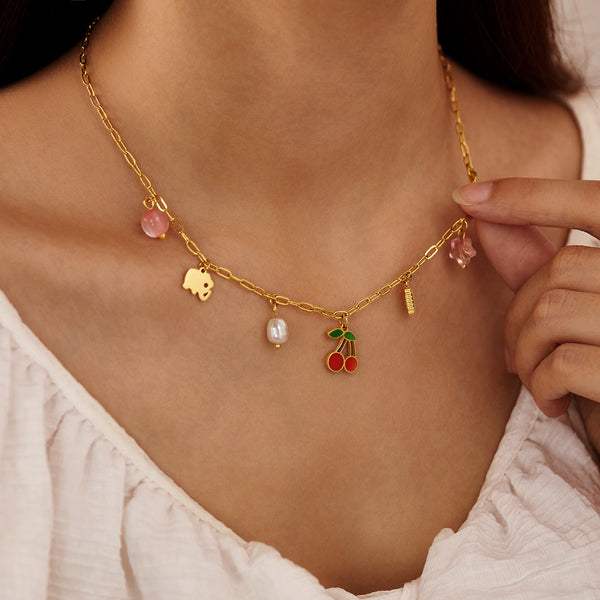 Women’s Titanium Stainless Steel Charm Pendant Necklace – Colorful Cherry, Pearl & Strawberry Dangle Charms – Gold Plated Playful Statement Necklace – Hypoallergenic & Durable-Women's Necklace-SunnyHouse Jewelry