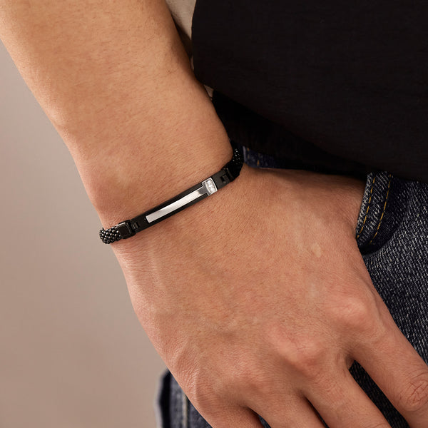 Men’s Titanium Stainless Steel Bracelet – Gold Plated Woven Chain with White Inlay & CZ Accent – Durable, Stylish & Hypoallergenic Jewelry for Men-Men's Bracelet-SunnyHouse Jewelry