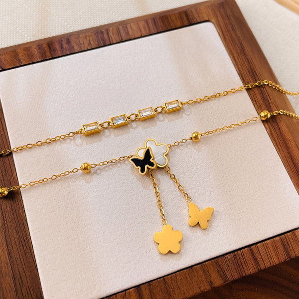 Gold Anklet with Crystal Square Charms and Floral Accents - Elegant Accessory for Any Occasion-Women's Anklet-SunnyHouse Jewelry