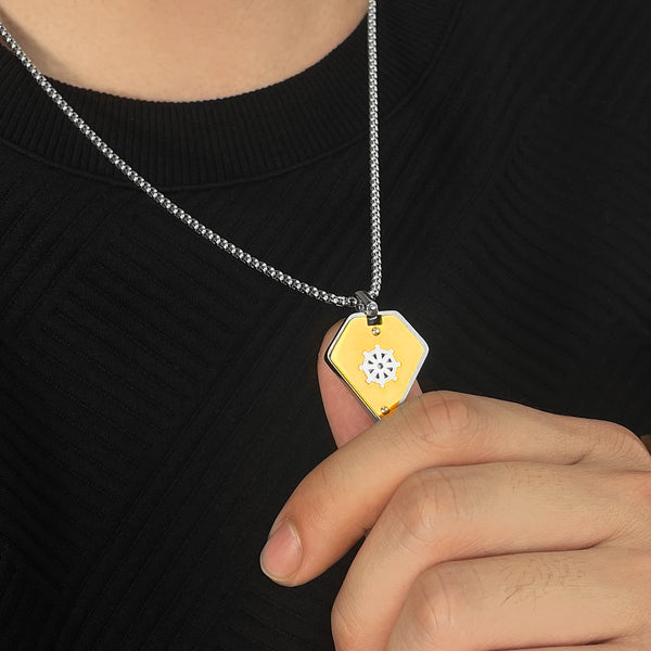 Stylish Men's Pendant Necklace - Stainless Steel Chain with Yellow and Silver Dharmachakra Motif, Durable and Trendy Accessory for Everyday Wear-Men's Pendant Necklace-SunnyHouse Jewelry