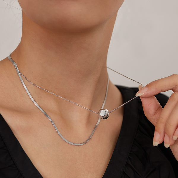 Women’s Lucky Ball Layered Pendant Necklace – Silver Double Chain with Geometric Charm, Minimalist Durable Fashion Jewelry for Women-Women's Necklace-SunnyHouse Jewelry