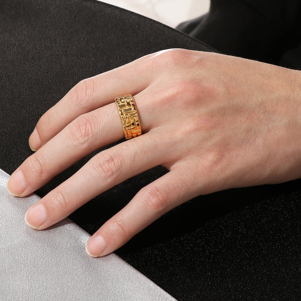 Men’s Titanium Stainless Steel Ring – Gold-Plated Embossed Pattern Band – Durable and Stylish Fashion Ring for Men-Men's Ring-SunnyHouse Jewelry