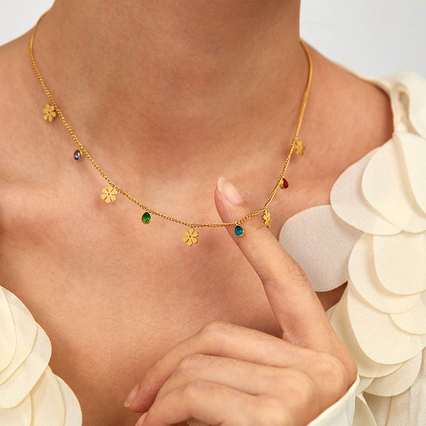 Women's Titanium Stainless Steel Flower and Gemstone Charm Necklace – Gold-Plated Chain – Hypoallergenic & Tarnish Resistant-Women's Necklace-SunnyHouse Jewelry
