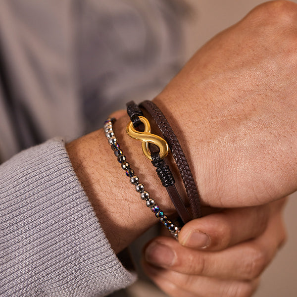 Men's Multilayer Leather and Crystal Beaded Bracelet with Gold Plated Infinity Clasp – Fashionable and Versatile-Men's Bracelet-SunnyHouse Jewelry