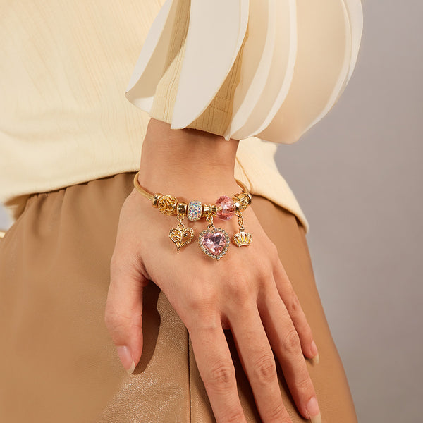Gold Charm Bracelet for Women with Pink Heart and Crown Charms - Elegant and Stylish Jewelry for Any Occasion-Women's Bangle-SunnyHouse Jewelry
