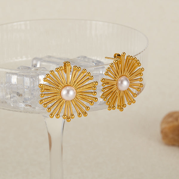 Women’s Gold Sunburst Pearl Earrings – Elegant Statement Stud Earrings with Simulated Pearl Center, Fashion Jewelry for Women and Girls-Women's Earrings-SunnyHouse Jewelry