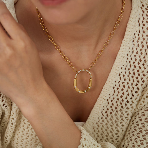Women's Titanium Stainless Steel Oval Pendant Necklace with Cubic Zirconia – Gold-Plated Chain – Hypoallergenic & Tarnish Resistant-Women's Necklace-SunnyHouse Jewelry