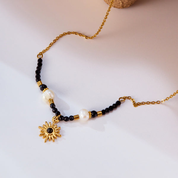 Elegant Women's Black Bead and Pearl Pendant Necklace with Gold Sunburst Charm – Versatile, Fashionable Accessory-Women's Necklace-SunnyHouse Jewelry