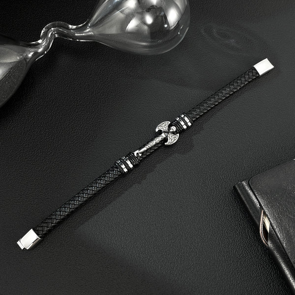 Men’s Viking Leather Bracelet with Stainless Steel Axe Charm – Braided Black Leather Norse Bracelet, Magnetic Clasp, Nordic Warrior Jewelry for Men-Men's Bracelet-SunnyHouse Jewelry