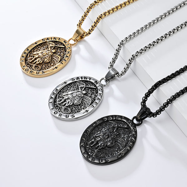 Saint Michael Pendant Necklace for Men, Oval Necklace, Religious Protection Medal, Christian Jewelry, Hypoallergenic & Durable Chain-Men's Pendant Necklace-SunnyHouse Jewelry