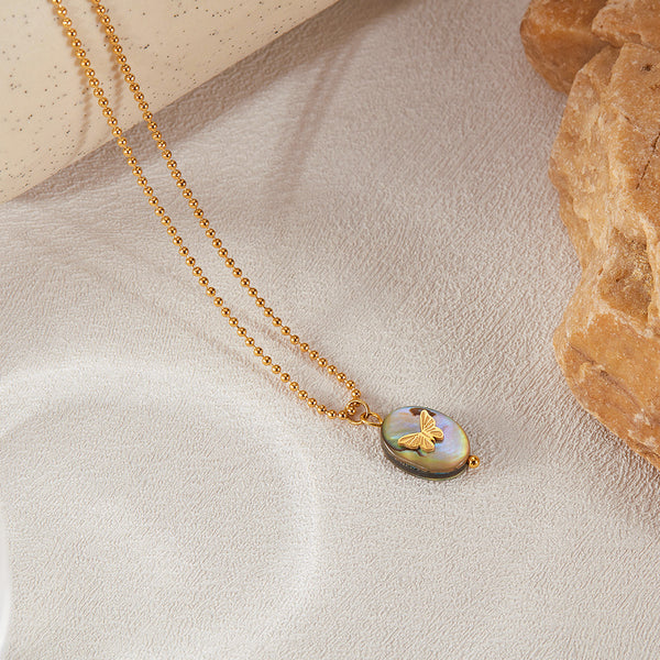 Women’s Titanium Stainless Steel Butterfly Pendant Necklace with Abalone Shell Inlay, Gold-Plated Hypoallergenic Adjustable Chain, Elegant Jewelry for Women and Girls-Women's Necklace-SunnyHouse Jewelry