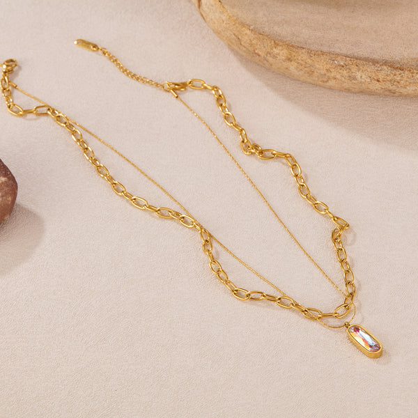 Women’s Layered Pendant Necklace – Gold Plated Titanium Stainless Steel – Double Chain Design with Iridescent Crystal Charm – Elegant Hypoallergenic Jewelry-Women's Necklace-SunnyHouse Jewelry