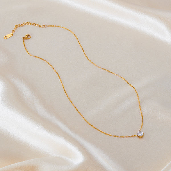 Classic Solitaire Crystal Pendant Necklace in Titanium Stainless Steel with Gold-Tone Finish-Women's Necklace-SunnyHouse Jewelry