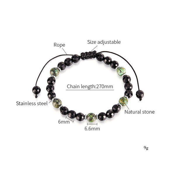 Men’s Beaded Bracelet – Adjustable Black Faceted Beads with Green Natural Stone Accents – Handmade Braided Cord, Stylish and Comfortable Jewelry for Men-Men's Bracelet-SunnyHouse Jewelry