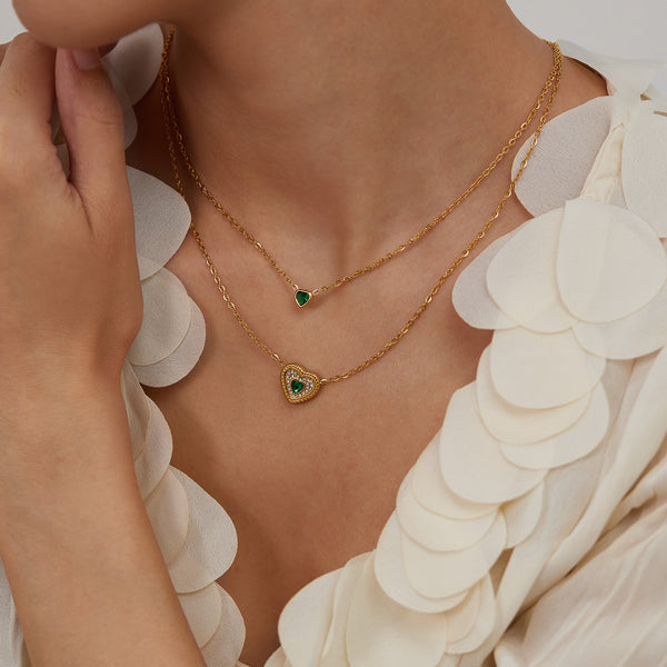 Women's Titanium Stainless Steel Double Layer Heart Pendant Necklace, Gold-Plated with Green Crystal Accents – Fashion Jewelry for Casual and Special Occasions-Women's Necklace-SunnyHouse Jewelry
