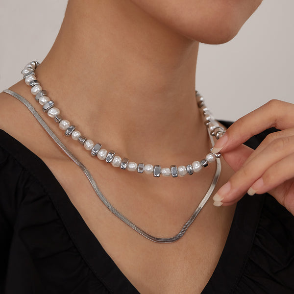 Women’s Stainless Steel Pearl and Hematite Necklace – Silver Chain Layered Design, Durable Fashion Jewelry, Elegant Pendant Necklace for Women-Women's Necklace-SunnyHouse Jewelry