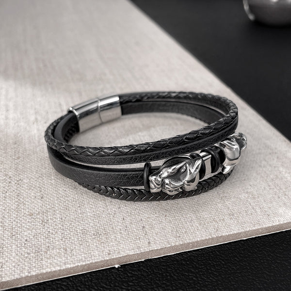 Men’s Wolf Head Bracelet – Titanium Stainless Steel & Black Braided Leather Wrap Bracelet – Norse Viking-Inspired Jewelry for Men-Men's Bracelet-SunnyHouse Jewelry