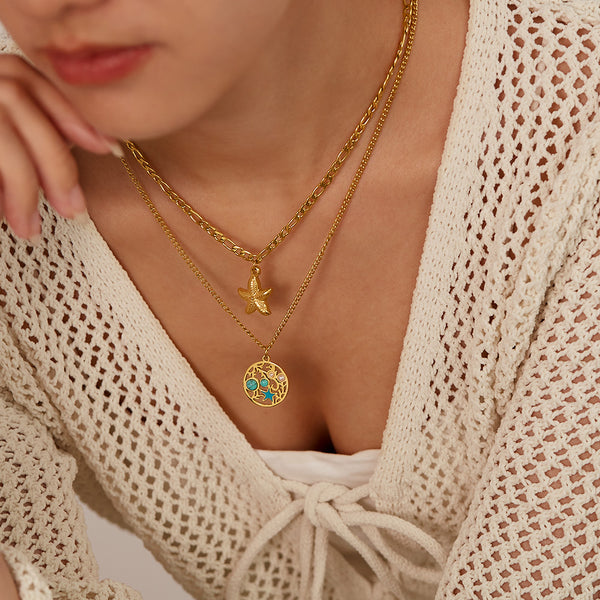 Women’s Fashion Pendant Necklace – Double Layer Gold Starfish & Ocean Round Pendant with Turquoise Inlay – Beach Jewelry for Women-Women's Necklace-SunnyHouse Jewelry