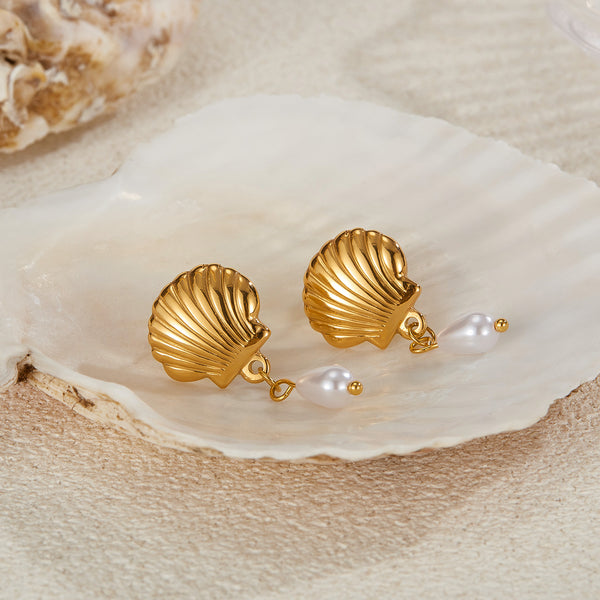 Women’s Gold Shell Pearl Drop Earrings – Elegant Seashell Dangle Earrings with Simulated Pearl, Ocean-Inspired Jewelry for Women and Girls-Women's Earrings-SunnyHouse Jewelry