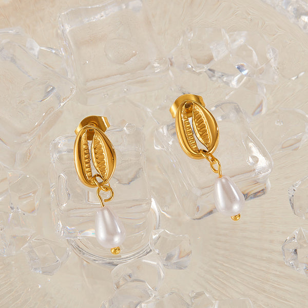 Women’s Gold Cowrie Shell Pearl Drop Earrings – Elegant Seashell Dangle Earrings with Simulated Pearls, Ocean-Inspired Jewelry for Women and Girls-Women's Earrings-SunnyHouse Jewelry