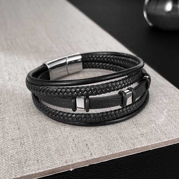 Men’s Multi-Strand Leather Bracelet – Titanium Stainless Steel Magnetic Clasp – Black Braided and Smooth Leather Wrap Bracelet for Men-Men's Bracelet-SunnyHouse Jewelry